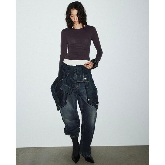 EUC Zara Charcoal Long Sleeve Crewneck Knit Top Sz Large Fitted Minimal Layering - Picture 7 of 16